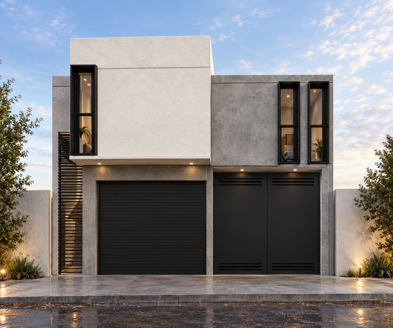 Render de la fachada de Casa Simón, casa de dos niveles diseñada por JYMACI