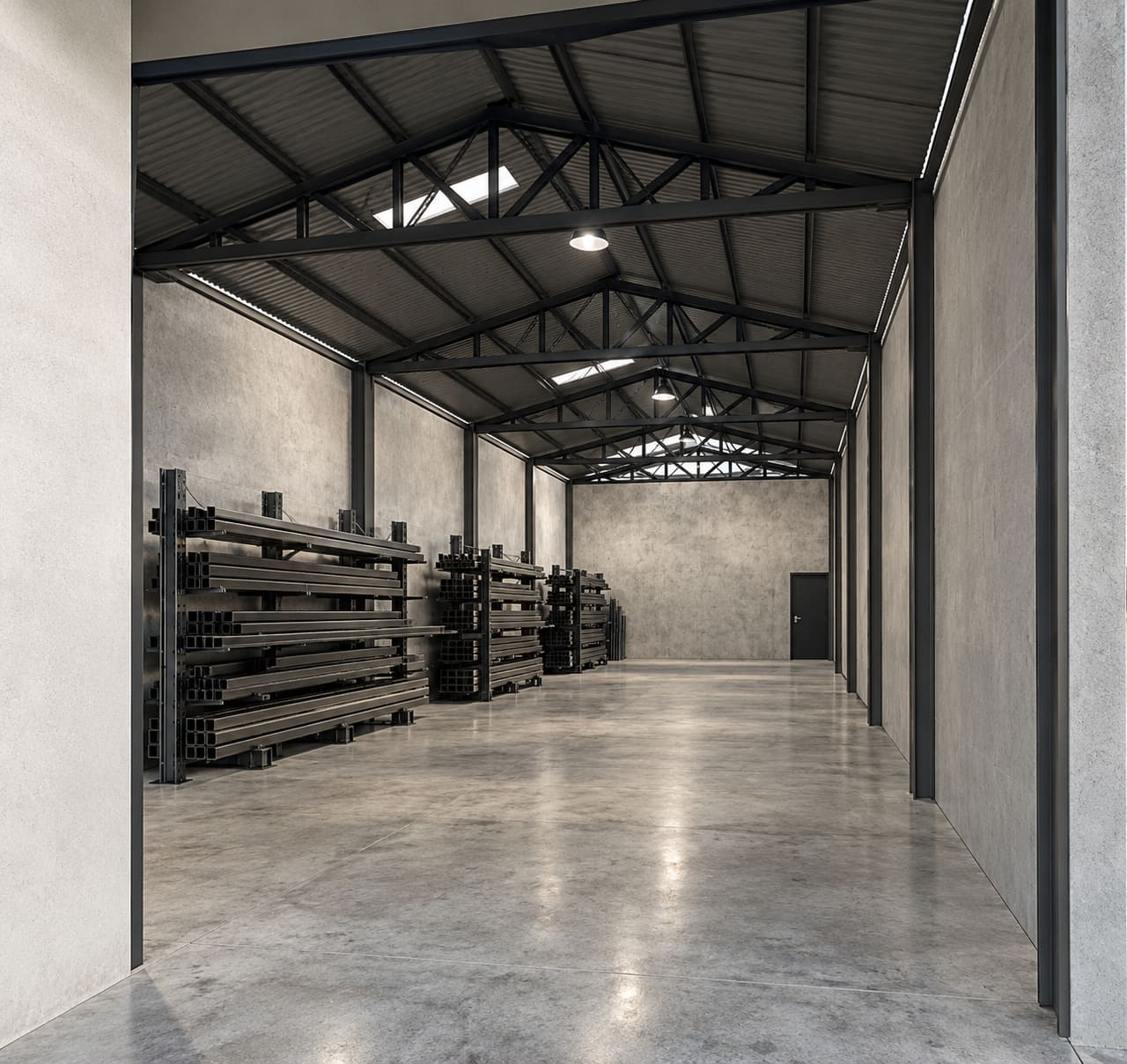 Render del interior del proyecto: nave con estructura de acero y piso de concreto pulido