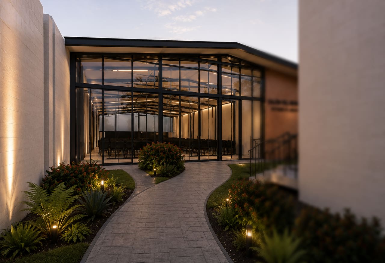 Render de un salón diseñado por JYMACI: fachada de cristal al final de un andador con jardín iluminado